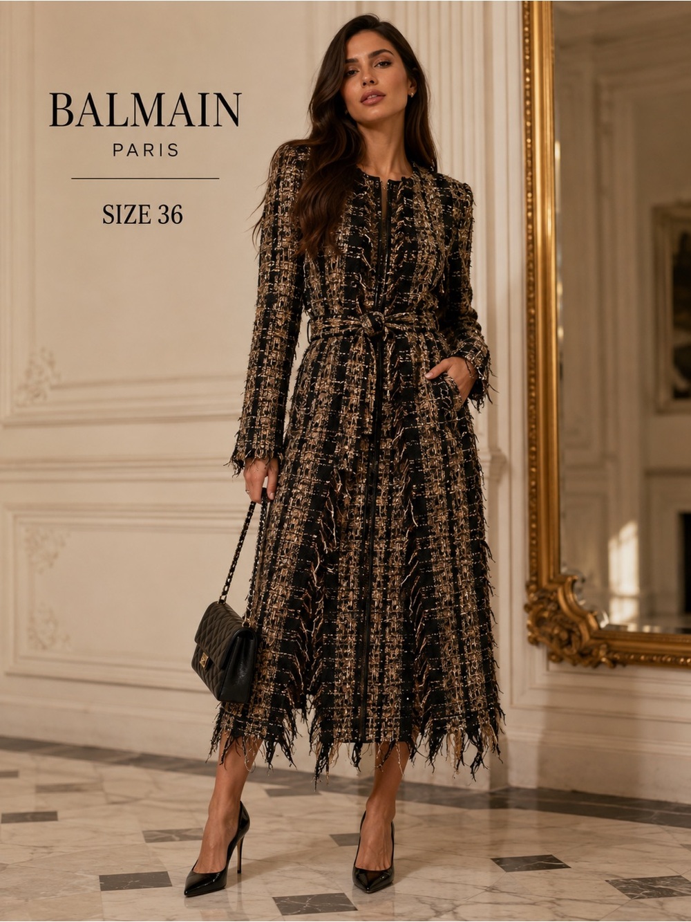 Balmain Black and Tan Tweed Belted Midi Dress